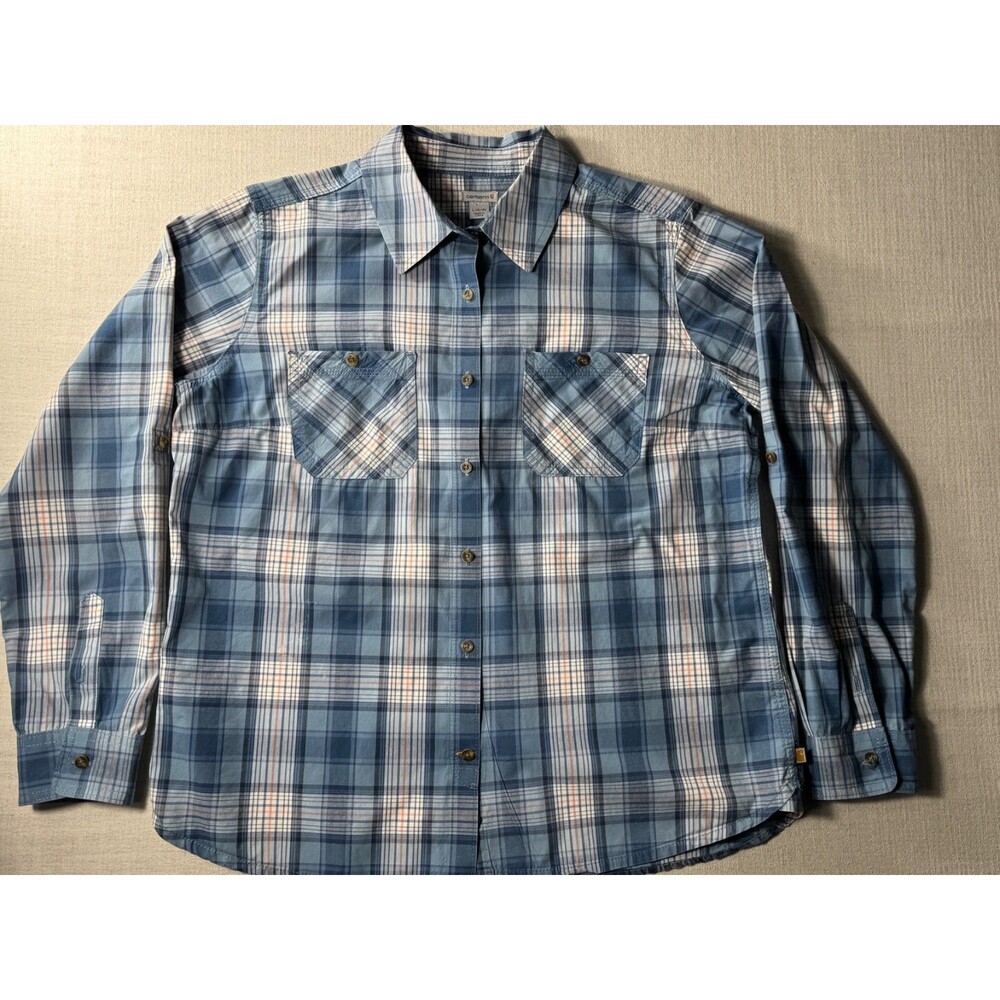 Carhartt Women's Huron Long Sleeve Shirt Plaid Button Down Blue White Large